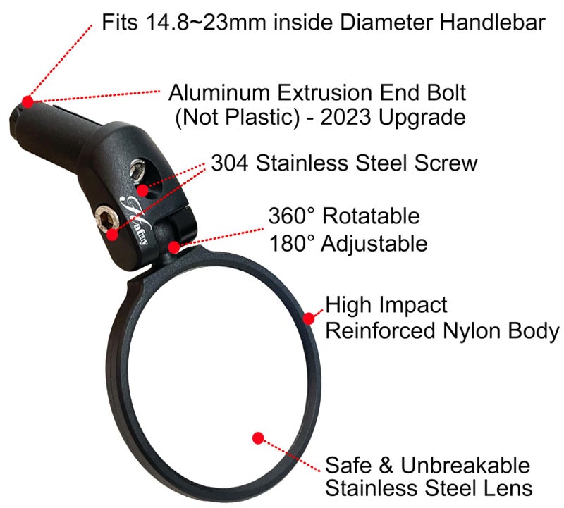 Hafny Bar End Bike Mirror - Stainless Steel Lens, Safe Adjustable Rearview, Cycle, E-bike - HF-MR087 (Black 68 Diameter) - Image 2